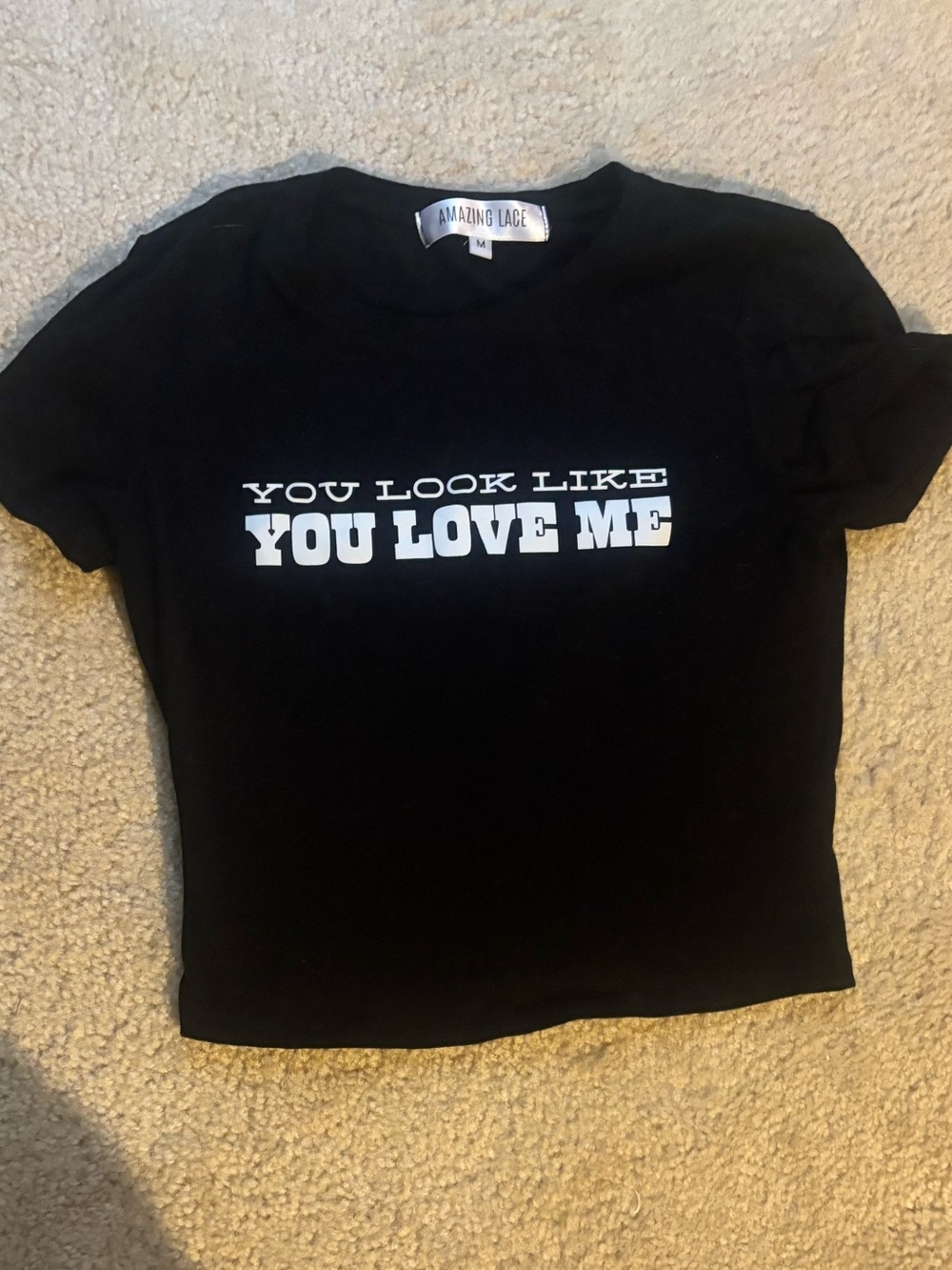 Amazing Lace Black Crop Top with White "YOU LOVE ME" Graphic